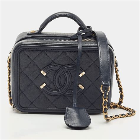 Navy Blue/Black Quilted Caviar Leather CC Filigree Small Flap Bag